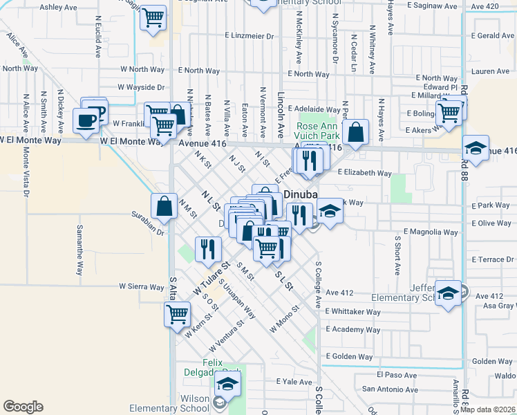 map of restaurants, bars, coffee shops, grocery stores, and more near 276 East Fresno Street in Dinuba