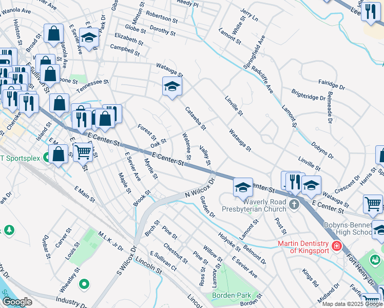 map of restaurants, bars, coffee shops, grocery stores, and more near 1340 Wateree Street in Kingsport