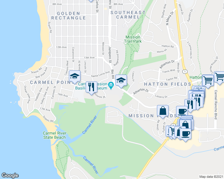 map of restaurants, bars, coffee shops, grocery stores, and more near 3080 Rio Road in Carmel