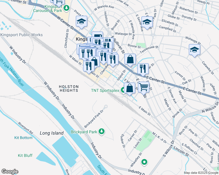 map of restaurants, bars, coffee shops, grocery stores, and more near 453 East Main Street in Kingsport