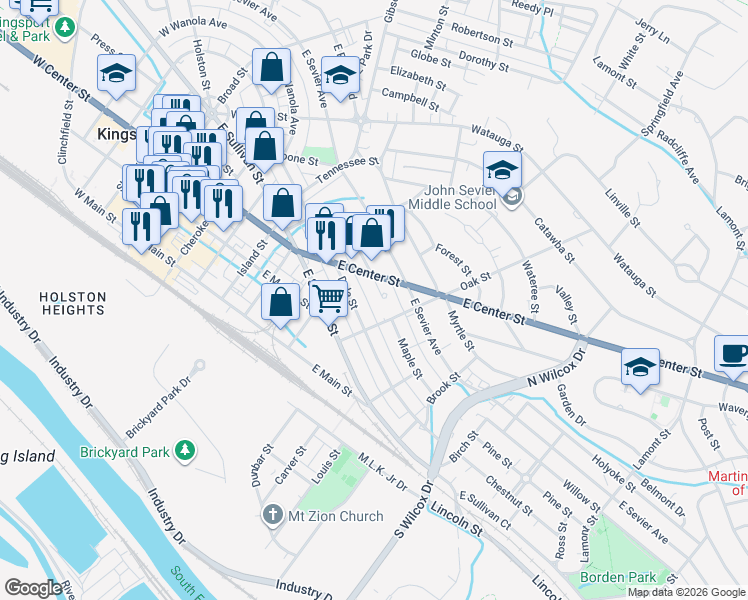 map of restaurants, bars, coffee shops, grocery stores, and more near 818 Mapleoak Lane in Kingsport