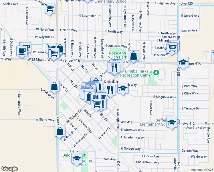 map of restaurants, bars, coffee shops, grocery stores, and more near 335 E Tulare St in Dinuba