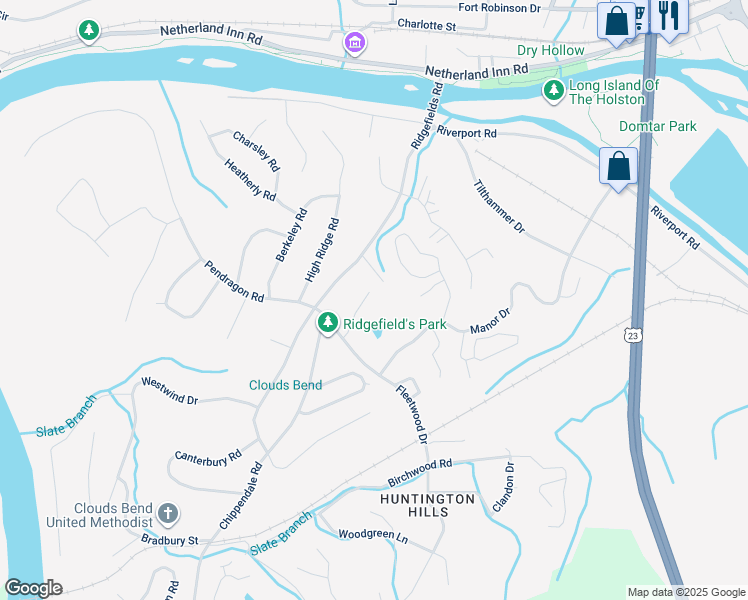 map of restaurants, bars, coffee shops, grocery stores, and more near 528 Fleetwood Court in Kingsport