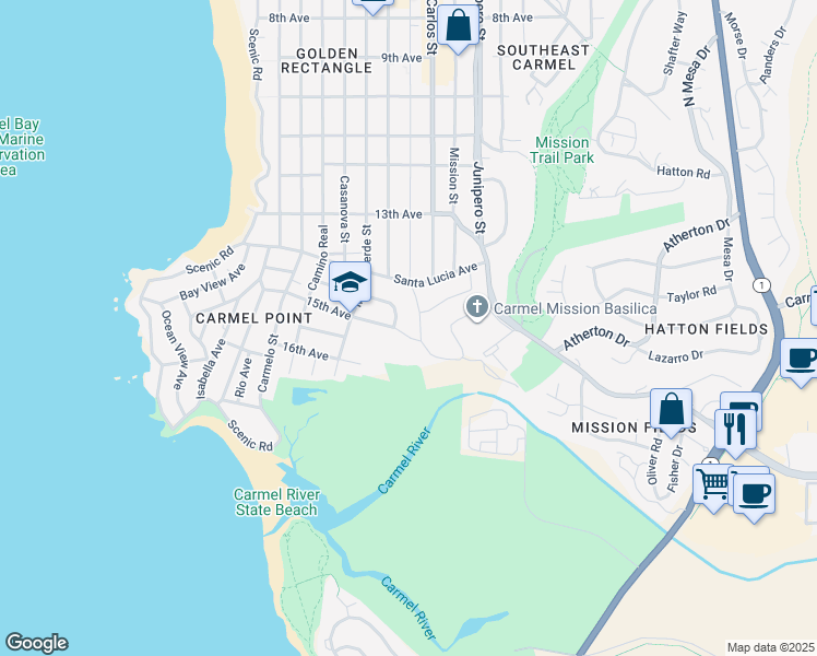 map of restaurants, bars, coffee shops, grocery stores, and more near 2837 14th Avenue in Carmel-by-the-Sea