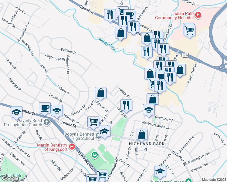 map of restaurants, bars, coffee shops, grocery stores, and more near 1817 Avalon Street in Kingsport
