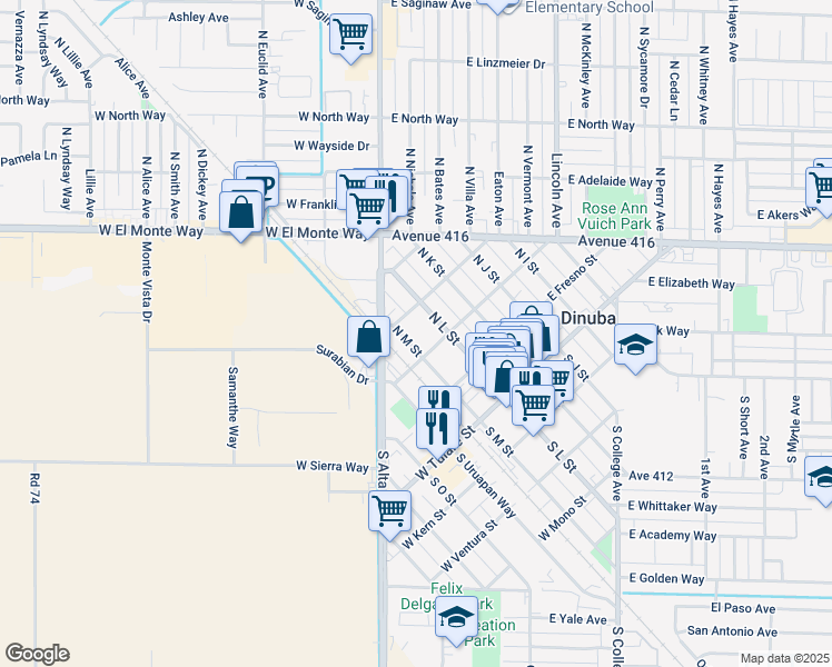 map of restaurants, bars, coffee shops, grocery stores, and more near 350 North M Street in Dinuba