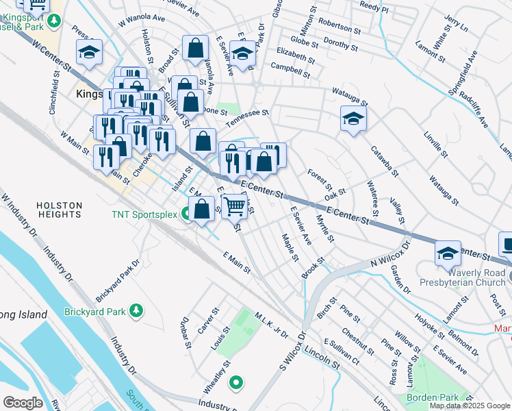 map of restaurants, bars, coffee shops, grocery stores, and more near 825 Dale Street in Kingsport