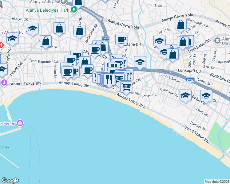 map of restaurants, bars, coffee shops, grocery stores, and more near 1 Oba Caddesi in Alanya