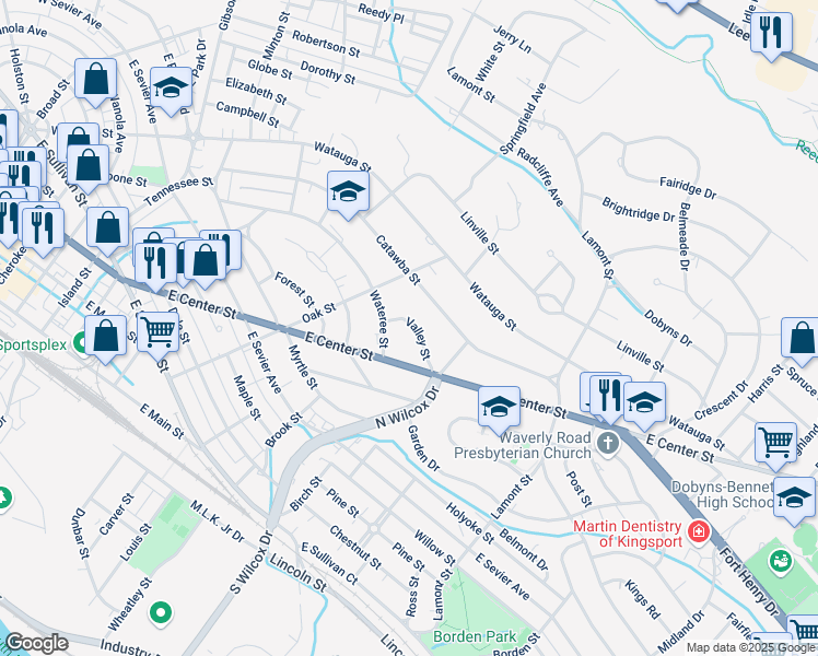 map of restaurants, bars, coffee shops, grocery stores, and more near 1425 Valley St in Kingsport