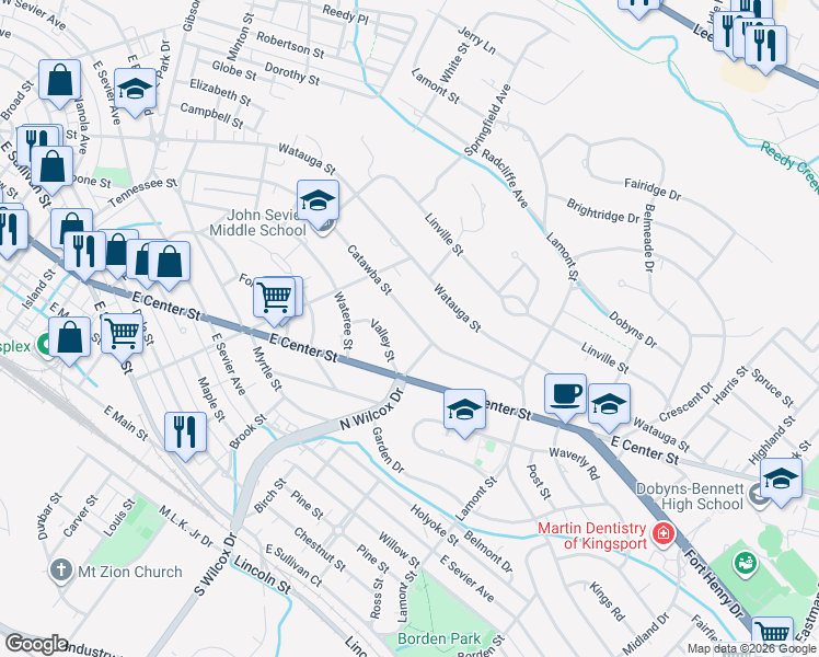 map of restaurants, bars, coffee shops, grocery stores, and more near 1285 Catawba Street in Kingsport