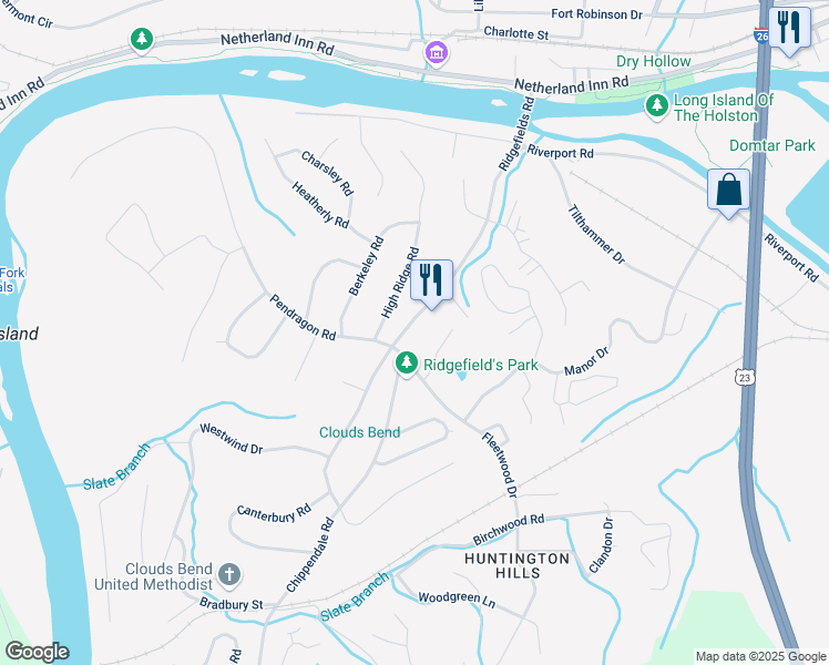 map of restaurants, bars, coffee shops, grocery stores, and more near 449 High Ridge Road in Kingsport