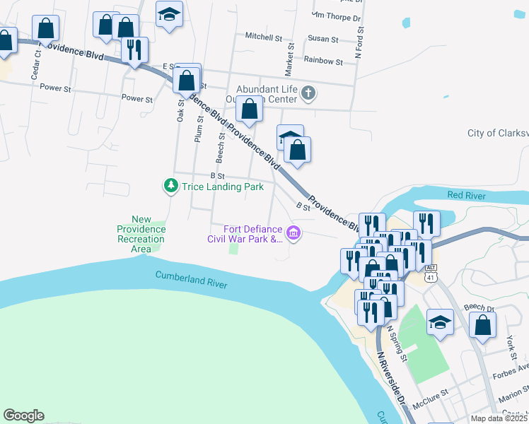 map of restaurants, bars, coffee shops, grocery stores, and more near 318 Walker Street in Clarksville