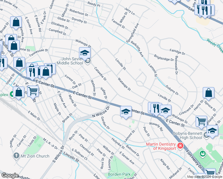 map of restaurants, bars, coffee shops, grocery stores, and more near 1285 Catawba Street in Kingsport