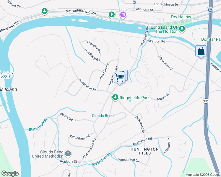 map of restaurants, bars, coffee shops, grocery stores, and more near 449 High Ridge Road in Kingsport