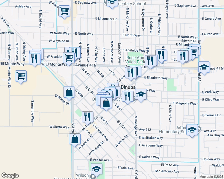 map of restaurants, bars, coffee shops, grocery stores, and more near 276 East Fresno Street in Dinuba