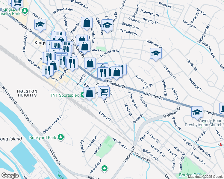 map of restaurants, bars, coffee shops, grocery stores, and more near 825 Dale Street in Kingsport