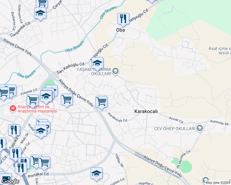 map of restaurants, bars, coffee shops, grocery stores, and more near Çelikler Çıkmazı in Alanya