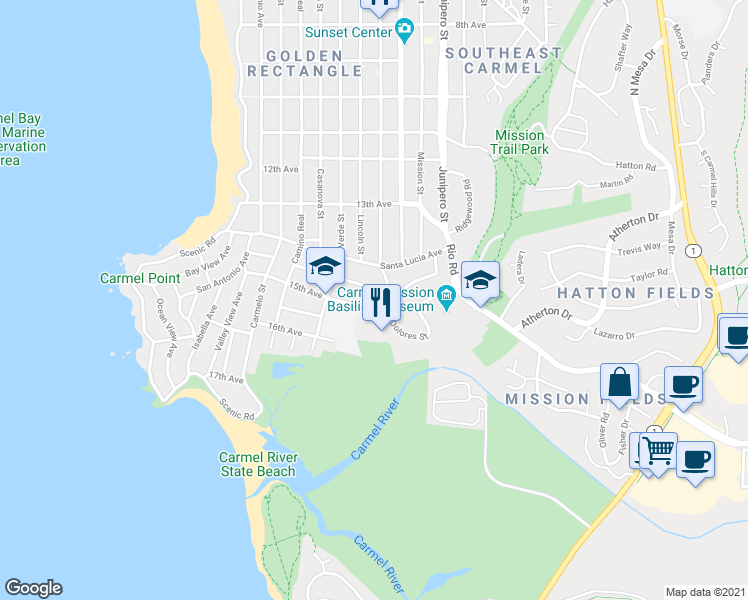 map of restaurants, bars, coffee shops, grocery stores, and more near 2837 14th Avenue in Carmel-by-the-Sea