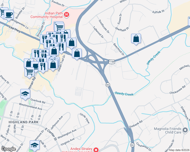 map of restaurants, bars, coffee shops, grocery stores, and more near Lamasa Drive in Kingsport