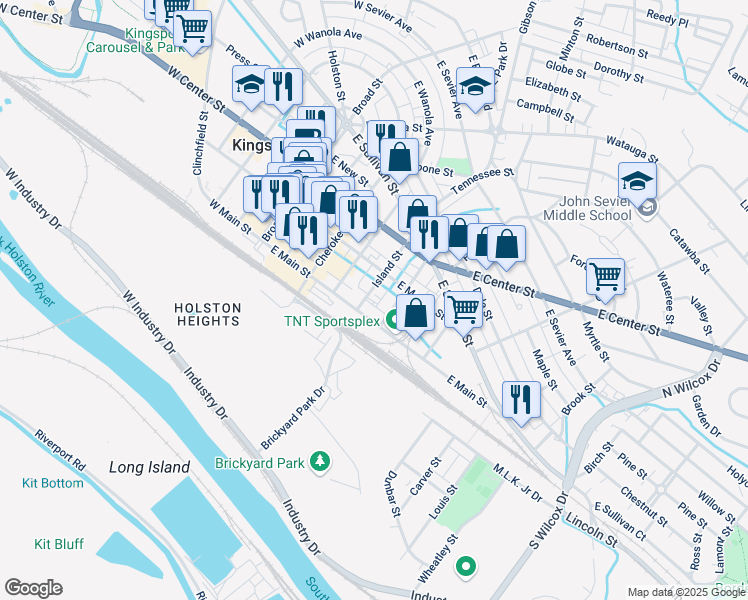 map of restaurants, bars, coffee shops, grocery stores, and more near 131 Island Street in Kingsport