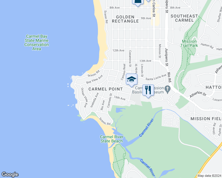 map of restaurants, bars, coffee shops, grocery stores, and more near 26238 Carmelo Street in Carmel-by-the-Sea