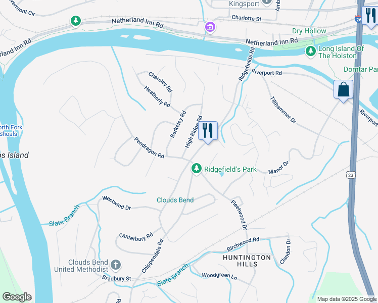 map of restaurants, bars, coffee shops, grocery stores, and more near 449 High Ridge Road in Kingsport