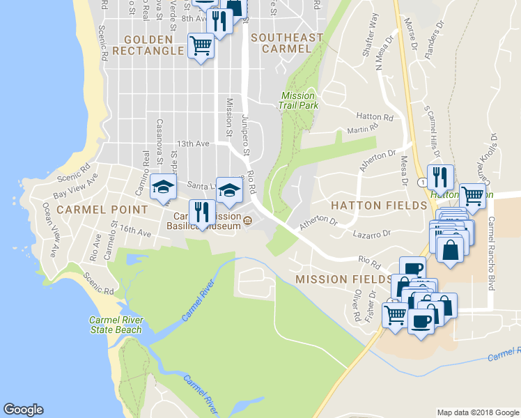 map of restaurants, bars, coffee shops, grocery stores, and more near 3149 Rio Road in Carmel-by-the-Sea
