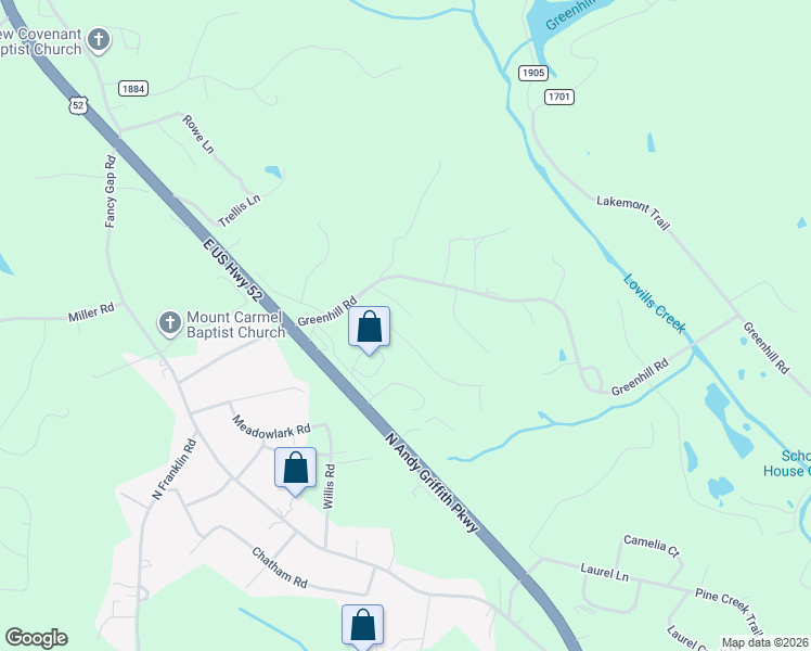 map of restaurants, bars, coffee shops, grocery stores, and more near 161 Ridgeview Drive in Mount Airy