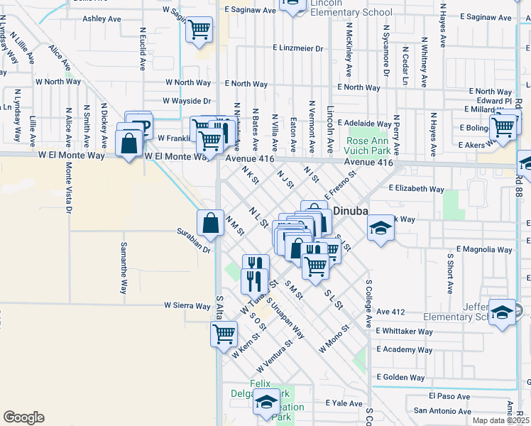 map of restaurants, bars, coffee shops, grocery stores, and more near 310 North L Street in Dinuba