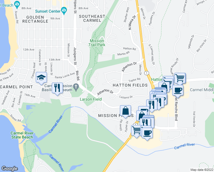 map of restaurants, bars, coffee shops, grocery stores, and more near 26206 Mesa Drive in Carmel
