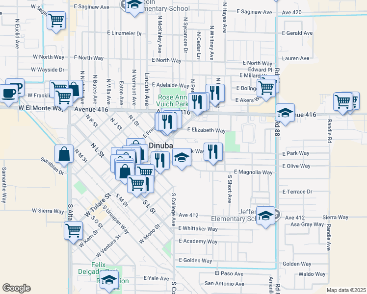 map of restaurants, bars, coffee shops, grocery stores, and more near 965 East Park Way in Dinuba