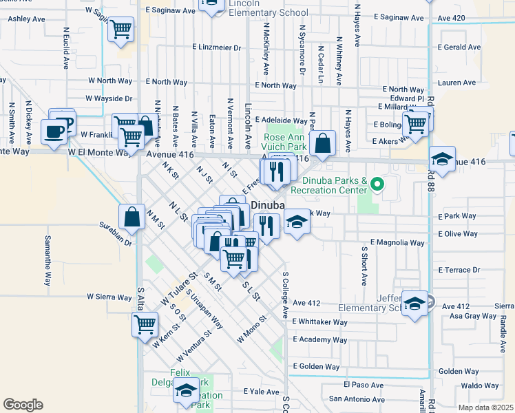map of restaurants, bars, coffee shops, grocery stores, and more near 335 East Tulare Street in Dinuba