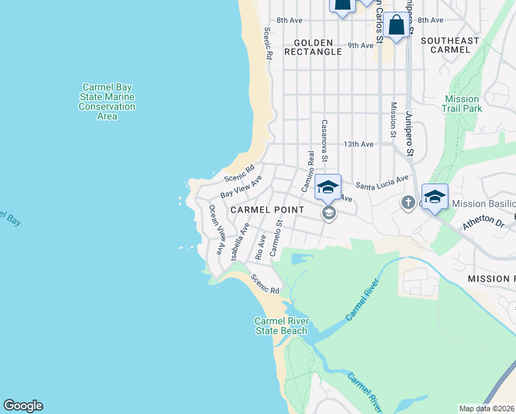 map of restaurants, bars, coffee shops, grocery stores, and more near 26231 Isabella Avenue in Carmel-by-the-Sea