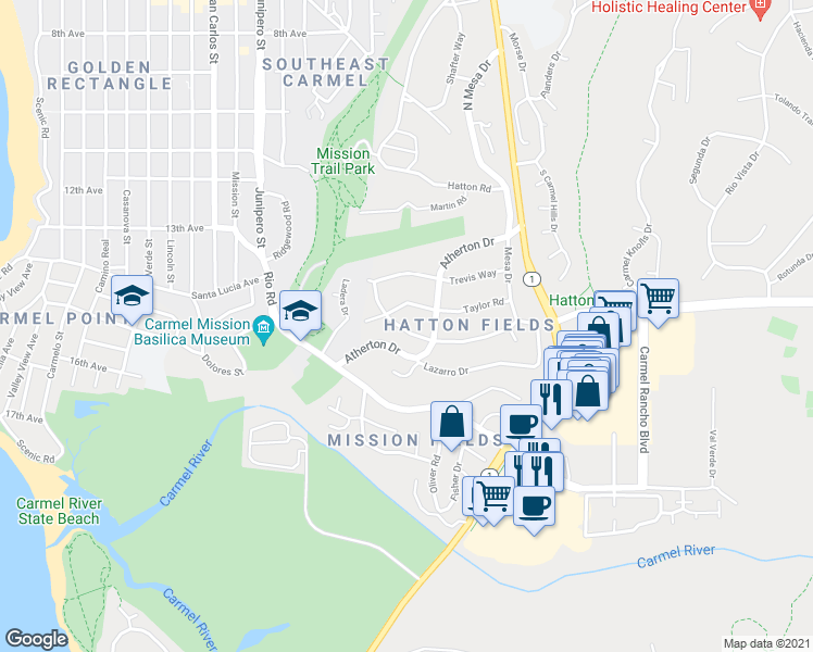 map of restaurants, bars, coffee shops, grocery stores, and more near 26200 Mesa Drive in Carmel-by-the-Sea
