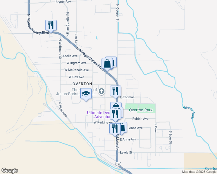 map of restaurants, bars, coffee shops, grocery stores, and more near 161 North Moapa Valley Boulevard in Moapa Valley