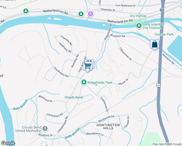 map of restaurants, bars, coffee shops, grocery stores, and more near 540F Fleetwood Court in Kingsport