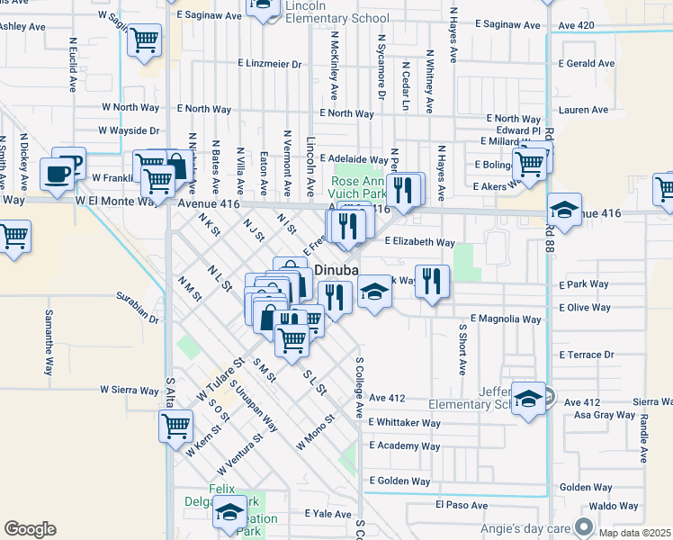 map of restaurants, bars, coffee shops, grocery stores, and more near in Dinuba