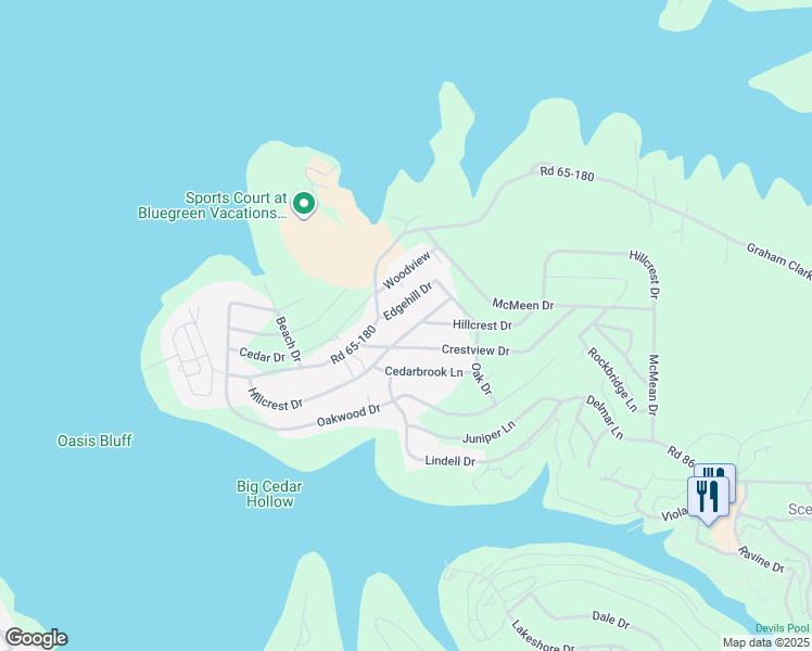 map of restaurants, bars, coffee shops, grocery stores, and more near 408 Hillcrest Drive in Ridgedale