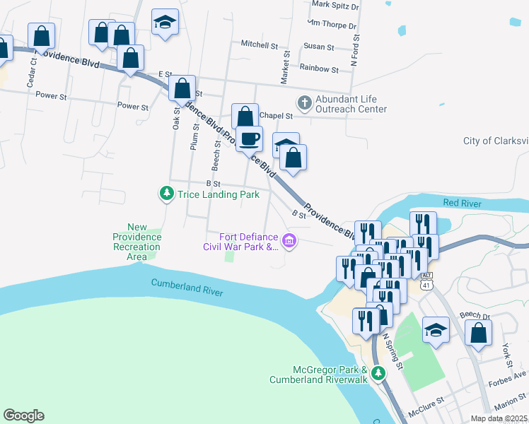 map of restaurants, bars, coffee shops, grocery stores, and more near 318 Walker Street in Clarksville