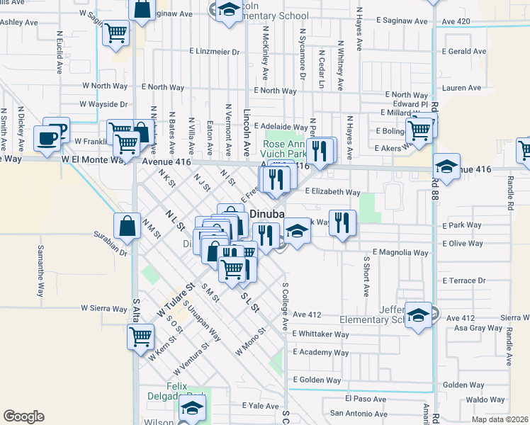 map of restaurants, bars, coffee shops, grocery stores, and more near in Dinuba