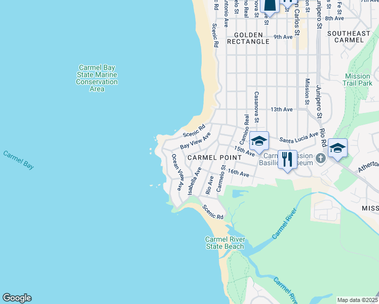 map of restaurants, bars, coffee shops, grocery stores, and more near 2381 San Antonio Avenue in Carmel