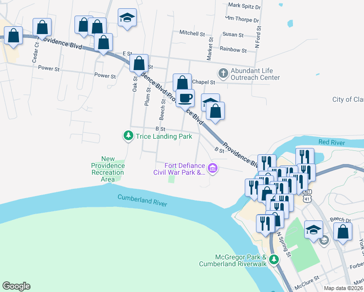 map of restaurants, bars, coffee shops, grocery stores, and more near 318 Walker Street in Clarksville