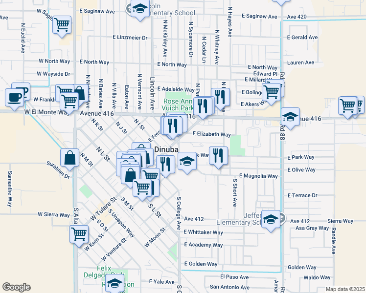 map of restaurants, bars, coffee shops, grocery stores, and more near 965 East Park Way in Dinuba