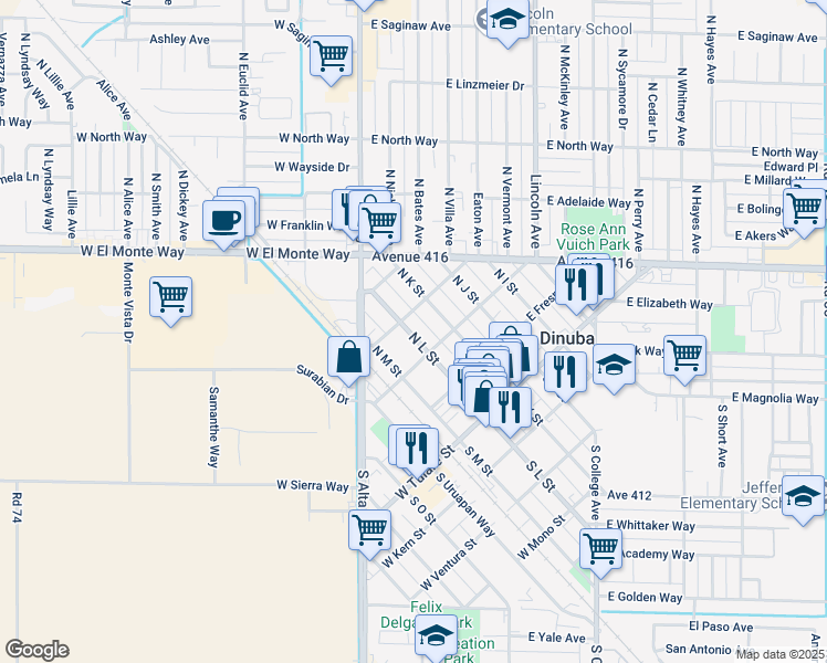 map of restaurants, bars, coffee shops, grocery stores, and more near 310 North L Street in Dinuba