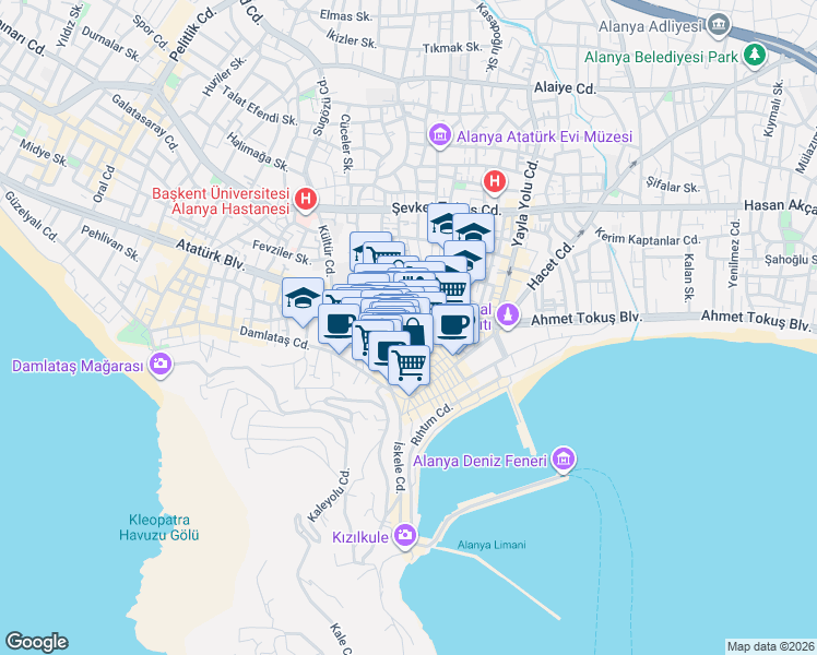 map of restaurants, bars, coffee shops, grocery stores, and more near 29 Atatürk Bulvarı in Alanya