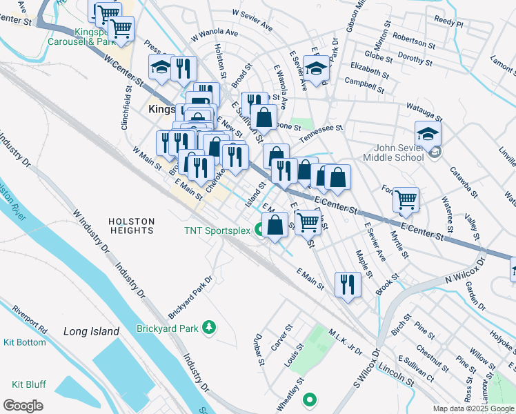 map of restaurants, bars, coffee shops, grocery stores, and more near 131 Island St in Kingsport