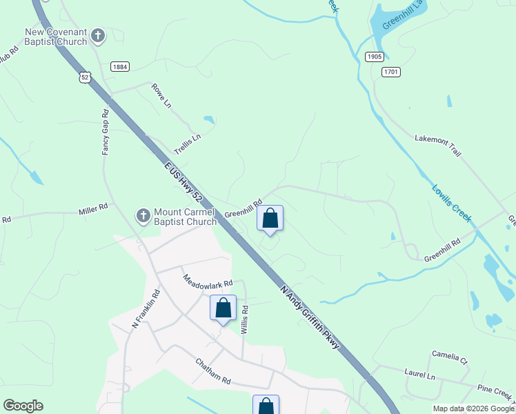 map of restaurants, bars, coffee shops, grocery stores, and more near 1856 North Andy Griffith Parkway in Mount Airy