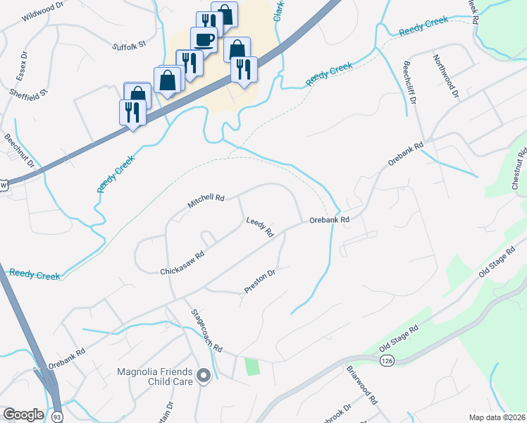 map of restaurants, bars, coffee shops, grocery stores, and more near 4402 Leedy Road in Kingsport