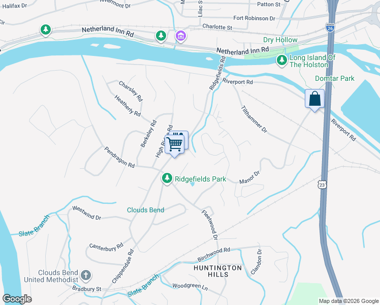 map of restaurants, bars, coffee shops, grocery stores, and more near 540F Fleetwood Court in Kingsport