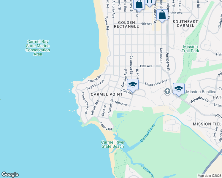 map of restaurants, bars, coffee shops, grocery stores, and more near 26181 Valley View Avenue in Carmel-by-the-Sea